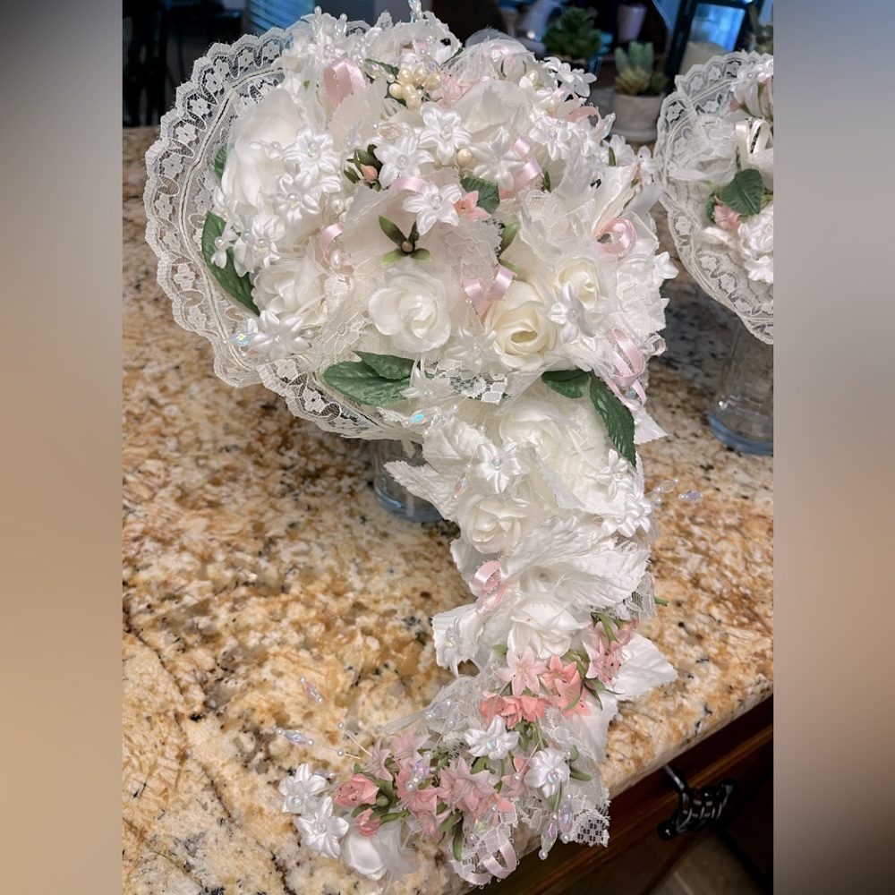 Bridal Bouquet and Maid of Honor Nosegay. Ivory Lace and Pale Pink accents.